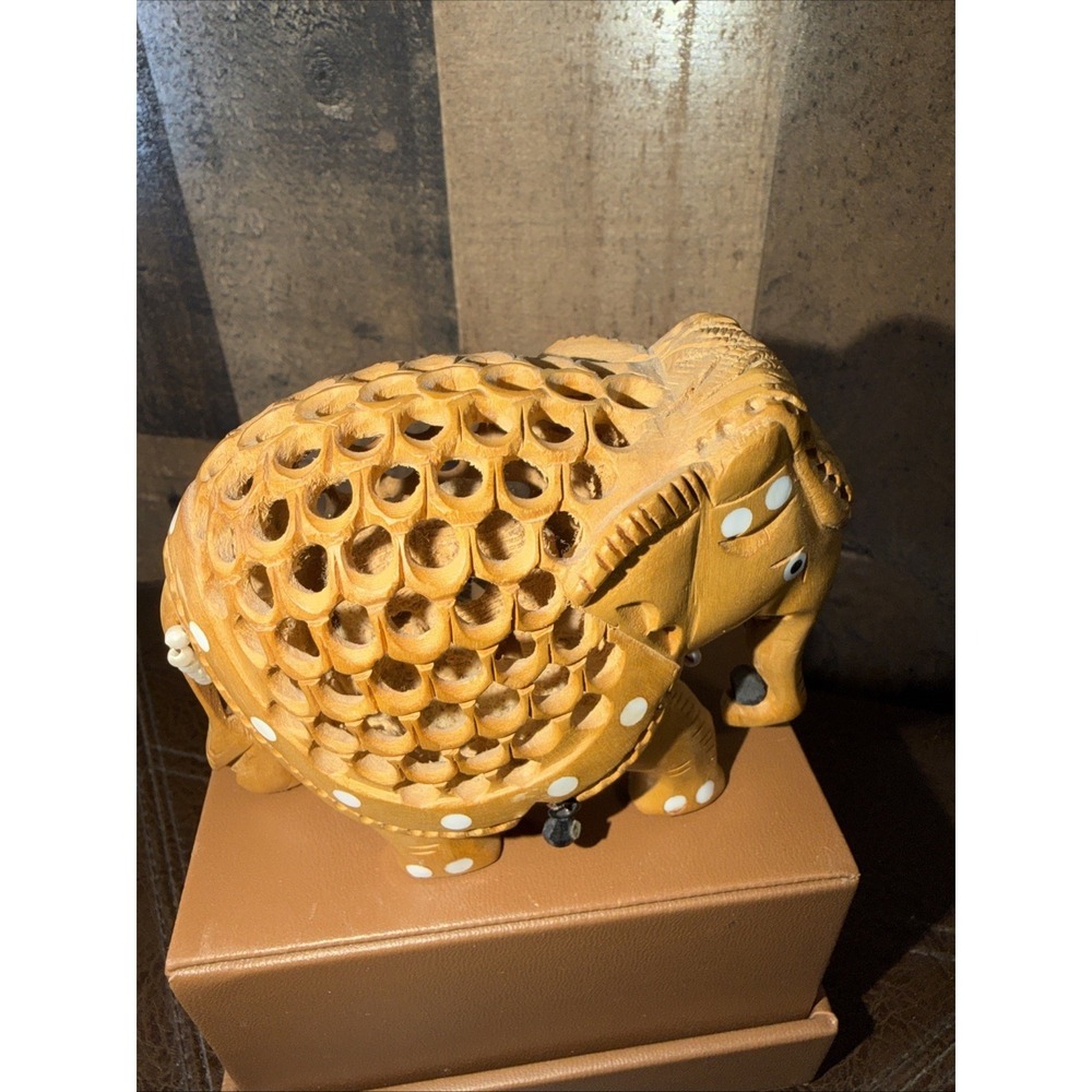 Hand Carved Wooden Pregnant Elephant Jali Undercut Lattice Figurine India Art - Picture 7 of 14